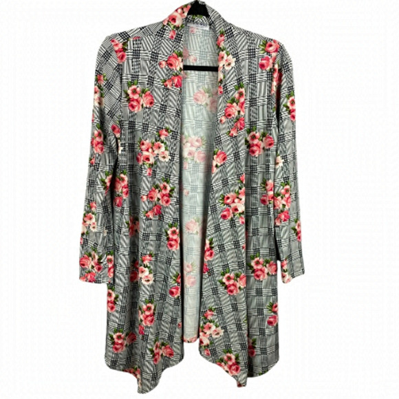 FRUMOS Plaid Floral Open Front Long Sleeve Cardigan Medium - Picture 1 of 11
